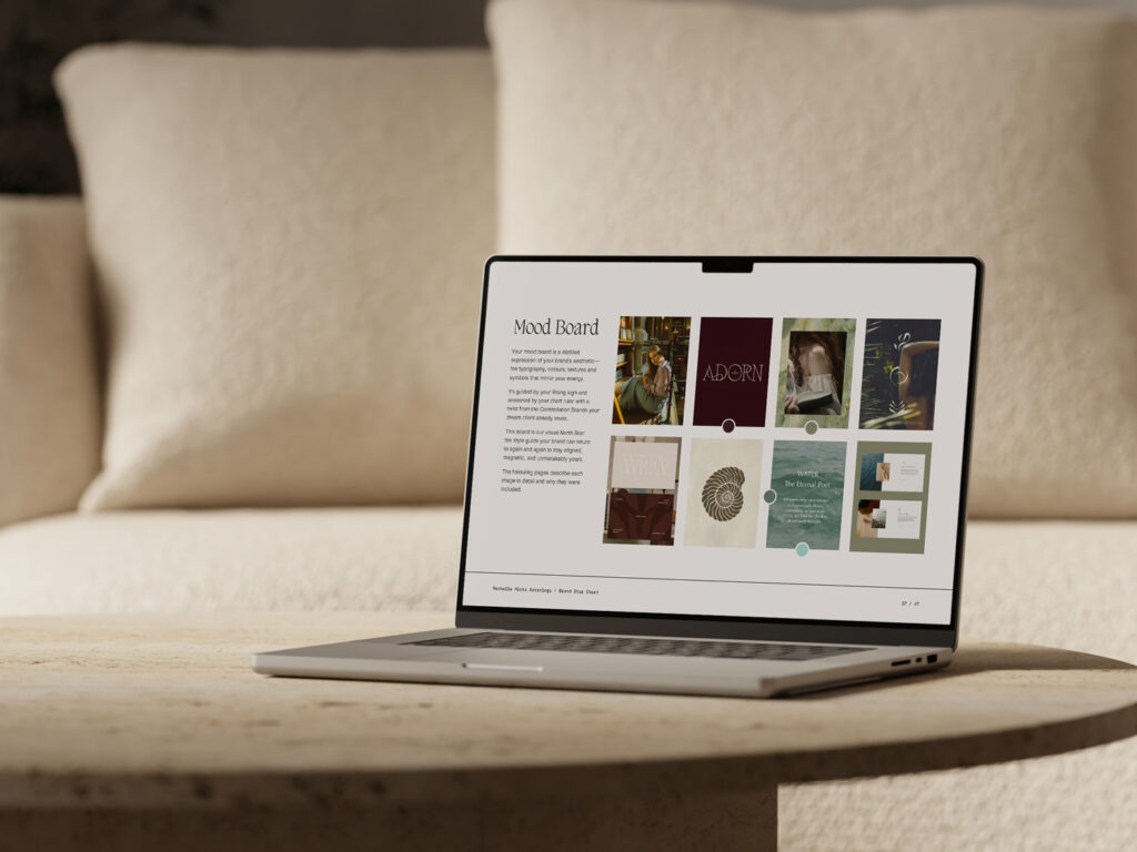 Laptop displaying astrology-based personal branding mood board from Moonstone Creative, showcasing brand visuals, textures, and aesthetic direction.