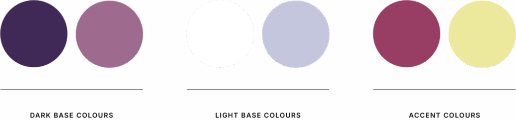 A six-colour brand palette example featuring two dark base colours, two light base colours, and two accent colours.