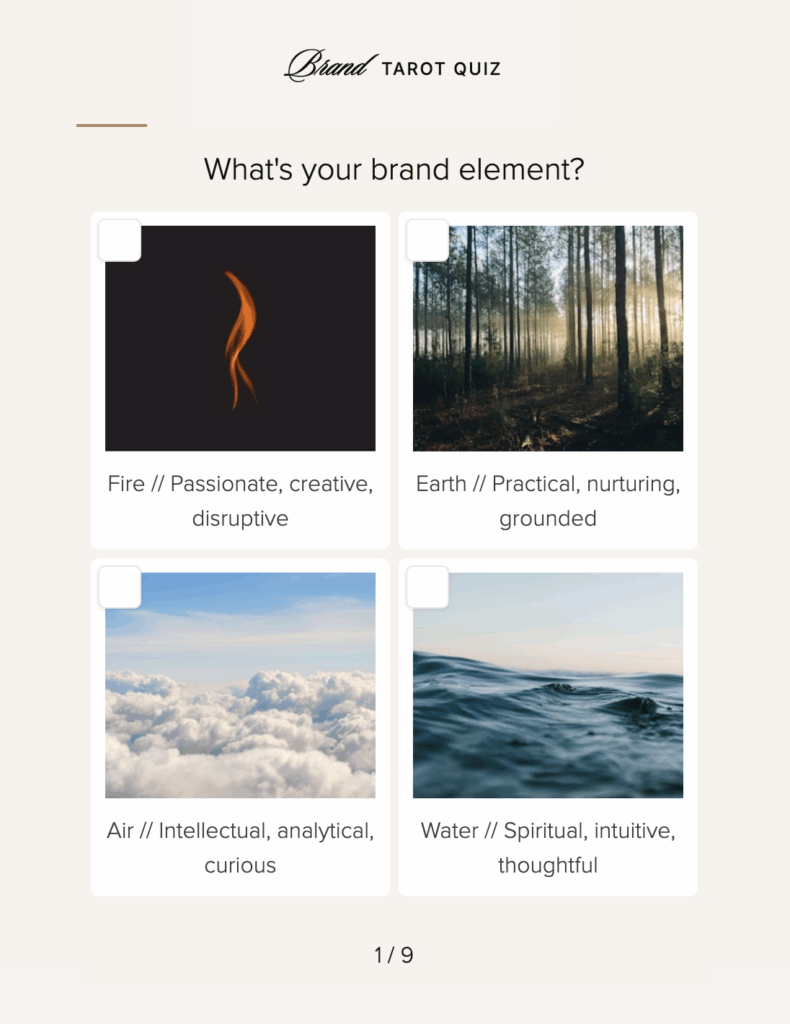 Quiz lead magnet example showing a brand tarot quiz that helps users discover their brand element and style, created with Interact.