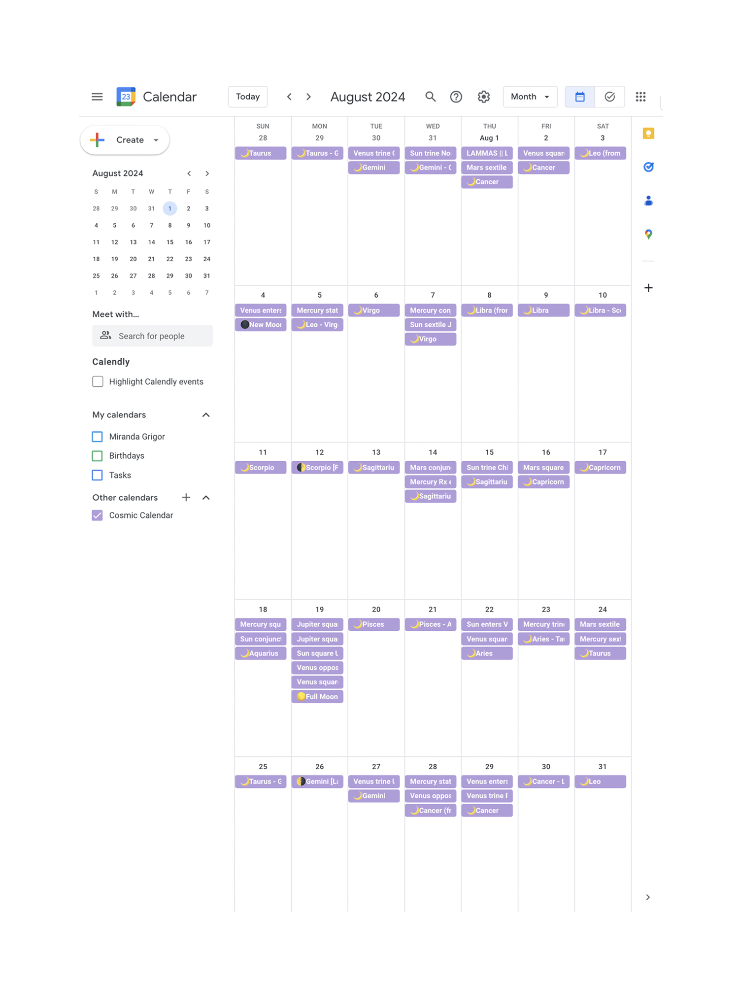 Example of a niche lead magnet idea: an astrology calendar lead magnet with moon phases, retrogrades, and planetary transits delivered via Google Calendar