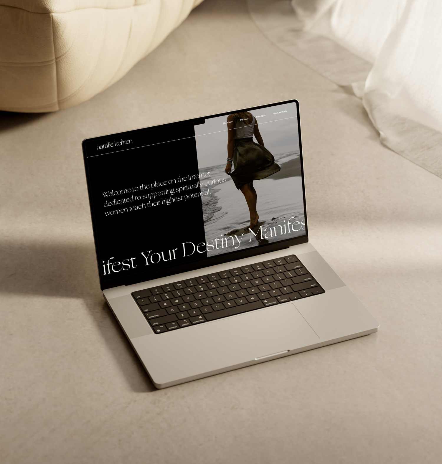 Laptop mockup showing a soulful, feminine website design for Natalie Kehren, a spiritually-rooted entrepreneur—an example of what’s possible with aligned brand design.